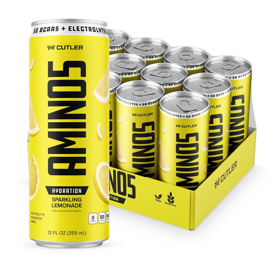 Cutler Nutrition Amino5 BCAA Hydration Sparkling Drink | 5g BCAAs + Electrolytes + Coconut Water | Caffeine Free Zero Sugar 5 Calories | Muscle Recovery & Hydration Support | Lemonade Flavor