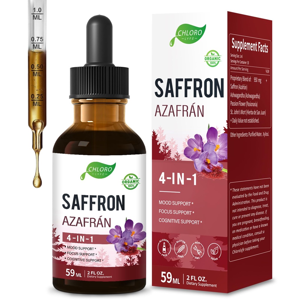 CHLOROLYFE Organic Saffron (Azafrán Orgánico) Extract Liquid Drops – Mood & Focus Support Herbal Tincture Supplement. Natural Cognitive Support with Ashwagandha & Passion Flower for Women & Men. 2 oz