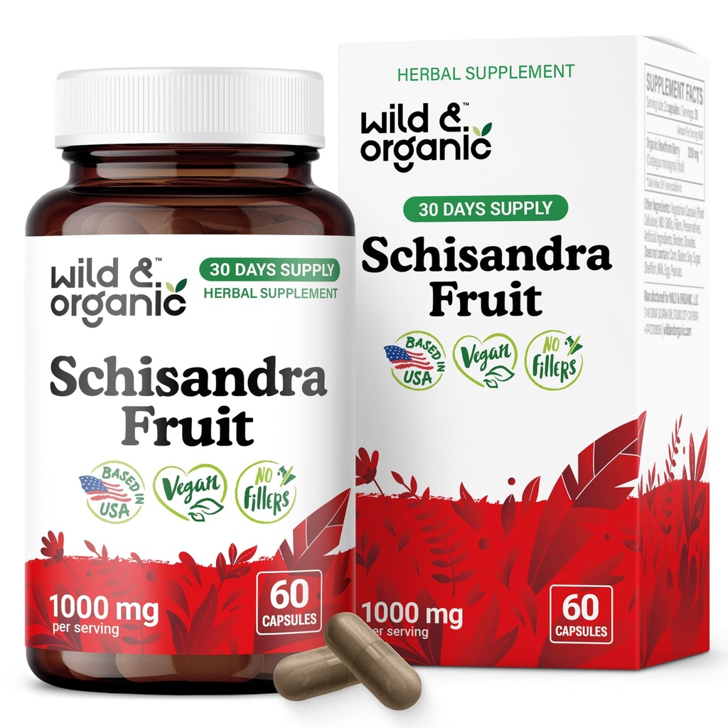 Wild & Organic Schisandra Supplement Capsules 1000 mg - Mood & Relaxation Support - Schisandra Berry Powder Extract - Vegan, No Fillers, Non-GMO - 60 Count