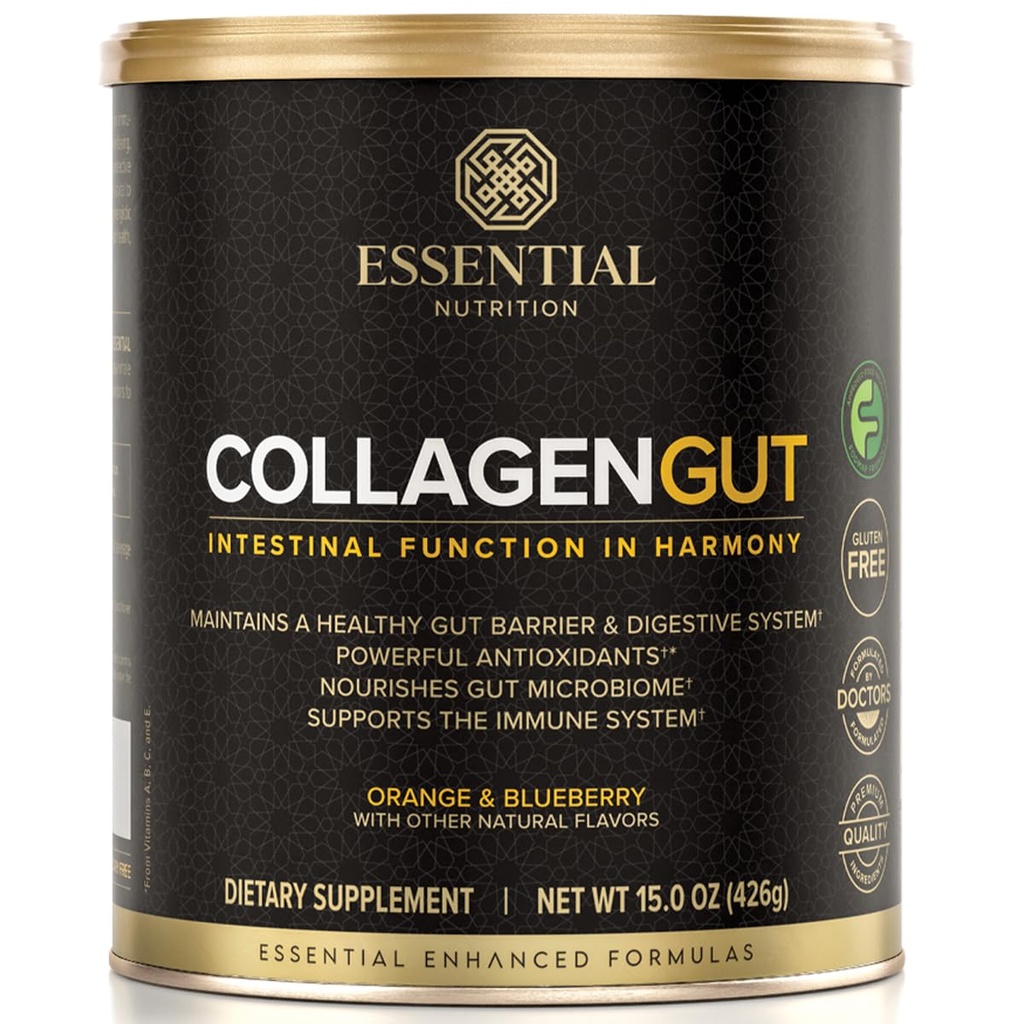 Essential Nutrition - Collagen Gut - Collagen Peptides Powder - Gut health supplement Immunity - Prebiotic Fiber, Turmeric Extract, FODMAP Friendly, Sugar-Free - Orange & Blueberry- 15oz (20 Servings)