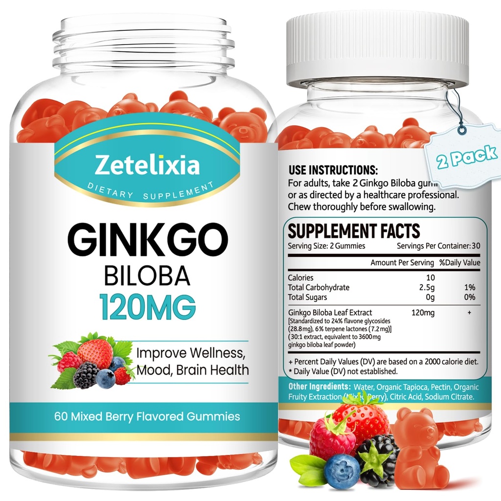 2 Pack Ginkgo Biloba Gummys for Women and Menage, Brain 补充大脑,改善模具和焦点,Vegan 混合莓火花120 Counter