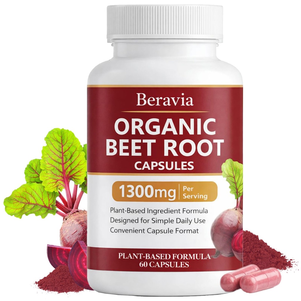 Organic Beet Root Capsules – 1300 mg Beetroot per Serving, Supports Circulation & Daily Energy for Active Lifestyles, Plant-Based Antioxidant Formula, 60 Capsules (1)