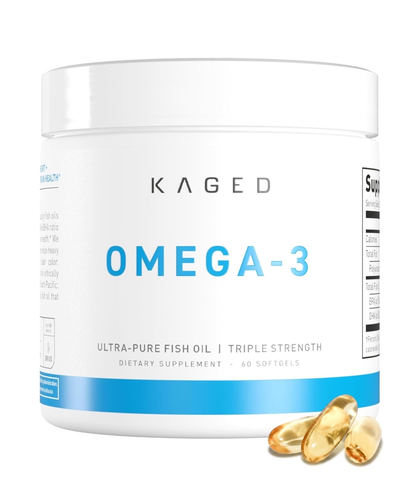 Kaged Omega 3 鱼油补充剂,3000mg Omega 3 脂肪酸与EPA & DHA, Ultra-Pure, No Fish Burps, 60药片