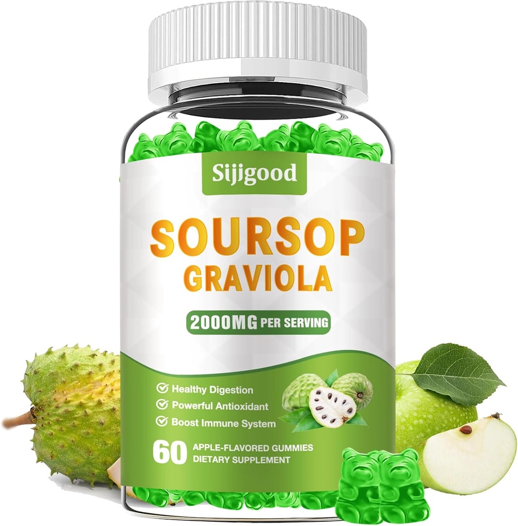 糖自由Soursop Graviola Gummys - 有机苏尔索普叶和水果提取 - 消化性援助,免疫支持和抗氧化剂属性 - 60 Apple Flawared Gummys