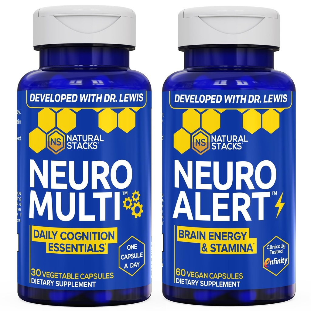 NATURAL STACKS NeuroAlert + NeuroMulti Multivitamin Supplement Bundle - 200mg Paraxanthine & 200mg CoQ10 - Supports Focus & Daily Cognition - 60 Total Servings