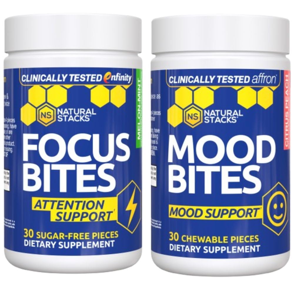 NATURAL STACKS Focus Bites & Mood Bites Bundle - Paraxanthine & Saffron Supplements - Supports Focus, Attention & Mood* - 60 Chewables
