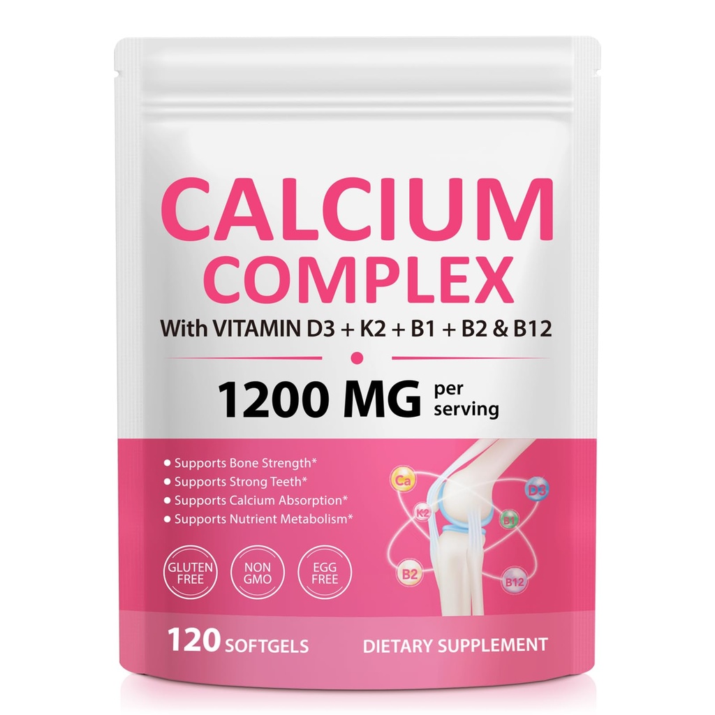 Calcium Supplements, Calcium Complex Softgels with Vitamin D3 & K2,Calcium Supplement for Bone & Teeth Health, Supports Absorption, with B Vitamins B1 B2 B12, Collagen & Plant Nutrients, 120 Capsules
