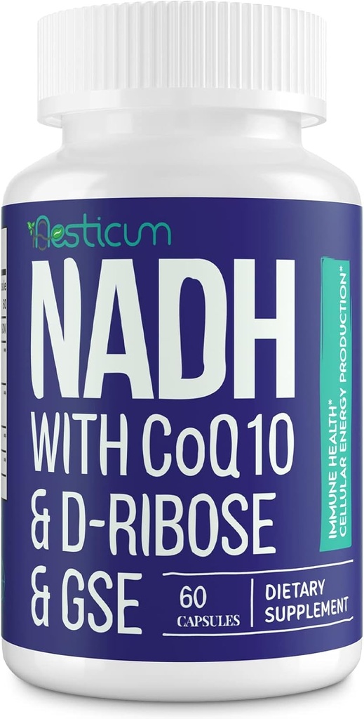 NADH 50mg + CoQ10 200mg + D-Ribose 150mg 补充,促进NAD+ 免疫系统、细胞能量、焦点、减少尼科蒂纳米化亚丁丁二核苷酸、60种维基卡普勒
