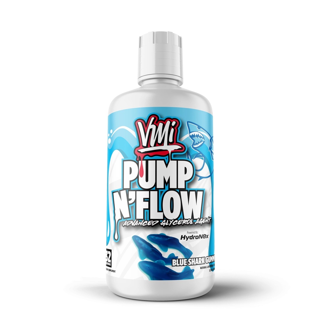 VMI Sports Pump N Flow Advanced Glycerol Agent | Stimulant Free Pre-Workout | Pumps, Hydration and Performance | Zero Sugar | 32 fl oz. 32 Servings (32 Servings, Blue Shark Gummy)