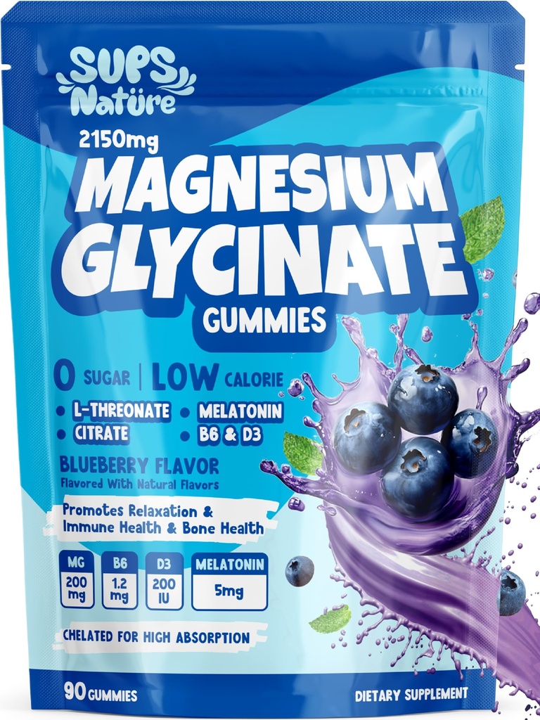 Magnesium Glycinate Gummies 2150 mg with Melatonin 5mg for Adults Sleep Support, Stress Relief, Blueberry Gummies 90 CT