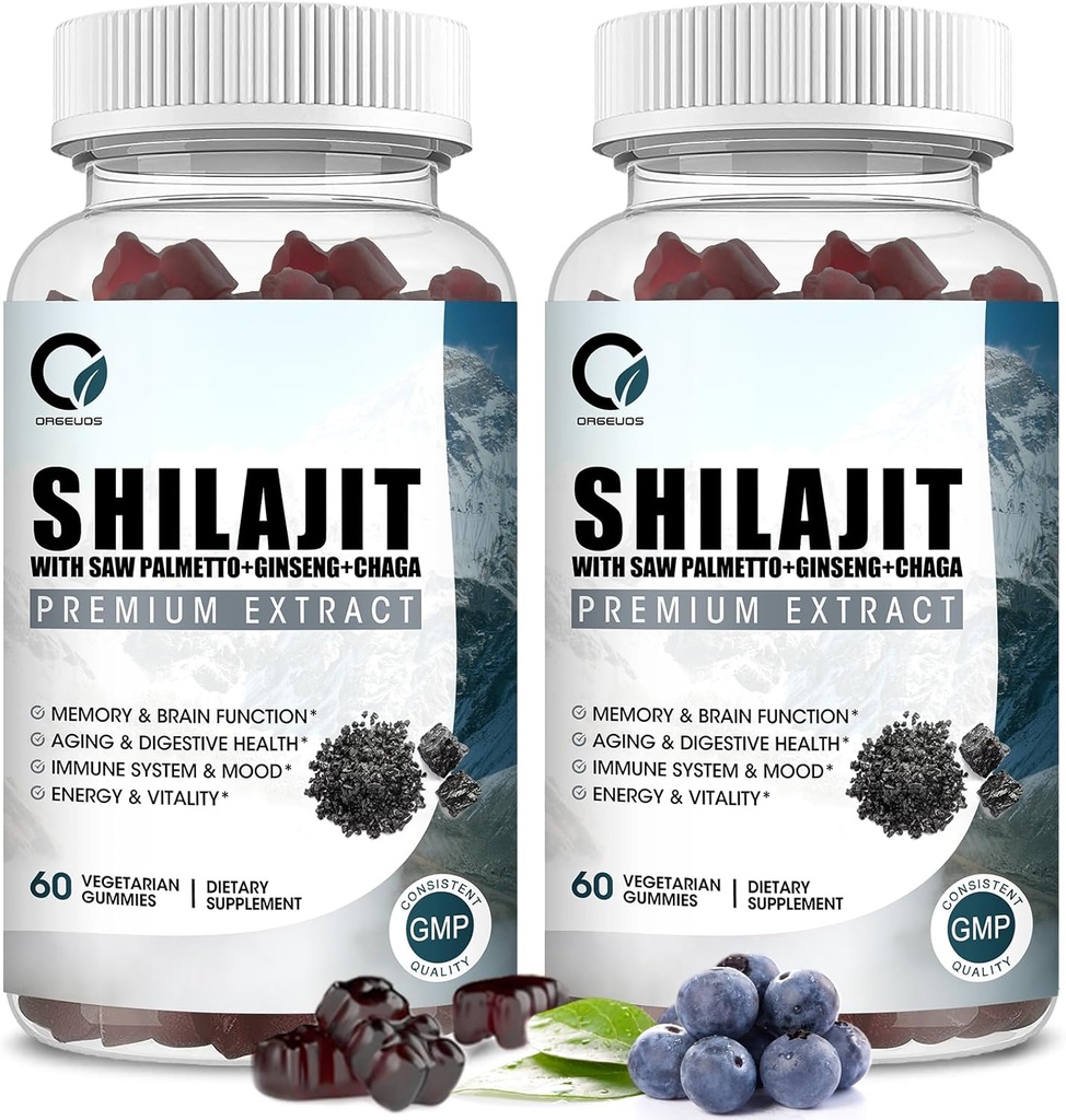 Himalayan Shilajit Gummys 配有85+ Trace Minerals & Fulvic Acid for Energy, Immune,认知支持高潜力纯度自然 Shilajit Supplement for Men and Women 60 Gummys(2包)