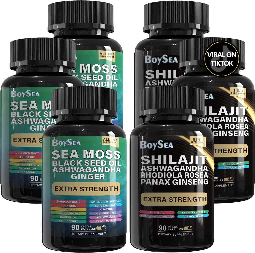 宝海. Shilajit和Sea Moss Bundle -- -- 90 Counter -- -- Sea Moss、黑种子石油、Ashwagandha、Ginger & Shilajit、Rhodiola Rosea,全部为1份补编(3份Pc)