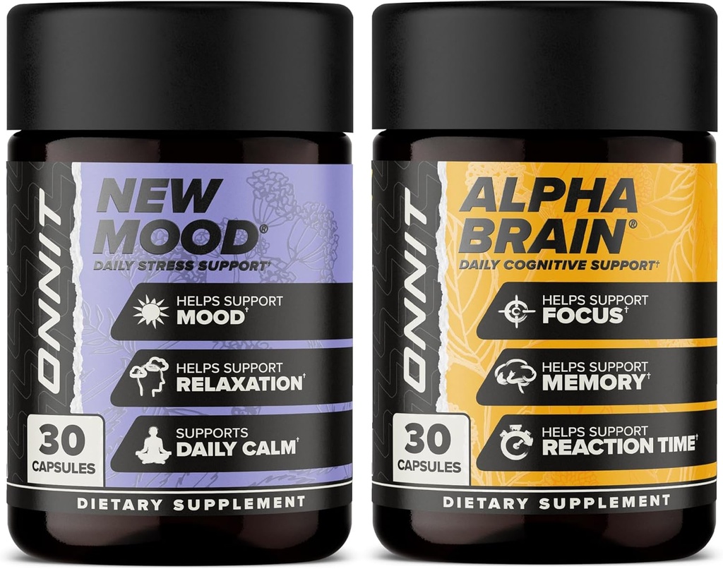 ONNIT Alpha Brain Bundle - 诺热带大脑补充剂(30个计数) 聚焦、集中和记忆 + 新的缓解压力、睡眠和摩德补充剂(30个计数)