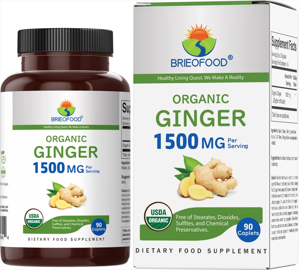 Brieofood 有机姜1500mg,45个服务型,蔬菜,Gluten Free,90个蔬菜片
