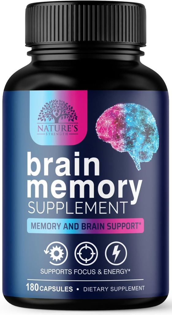 Brain Memory Supplement Pills - 3X Strength Nootropics for Concentration, Clarity & Focus Support - Brain Health Cognitive Vitamins with Bacopa, Phosphatidylserine & DMAE, Brain Booster - 180 Capsules