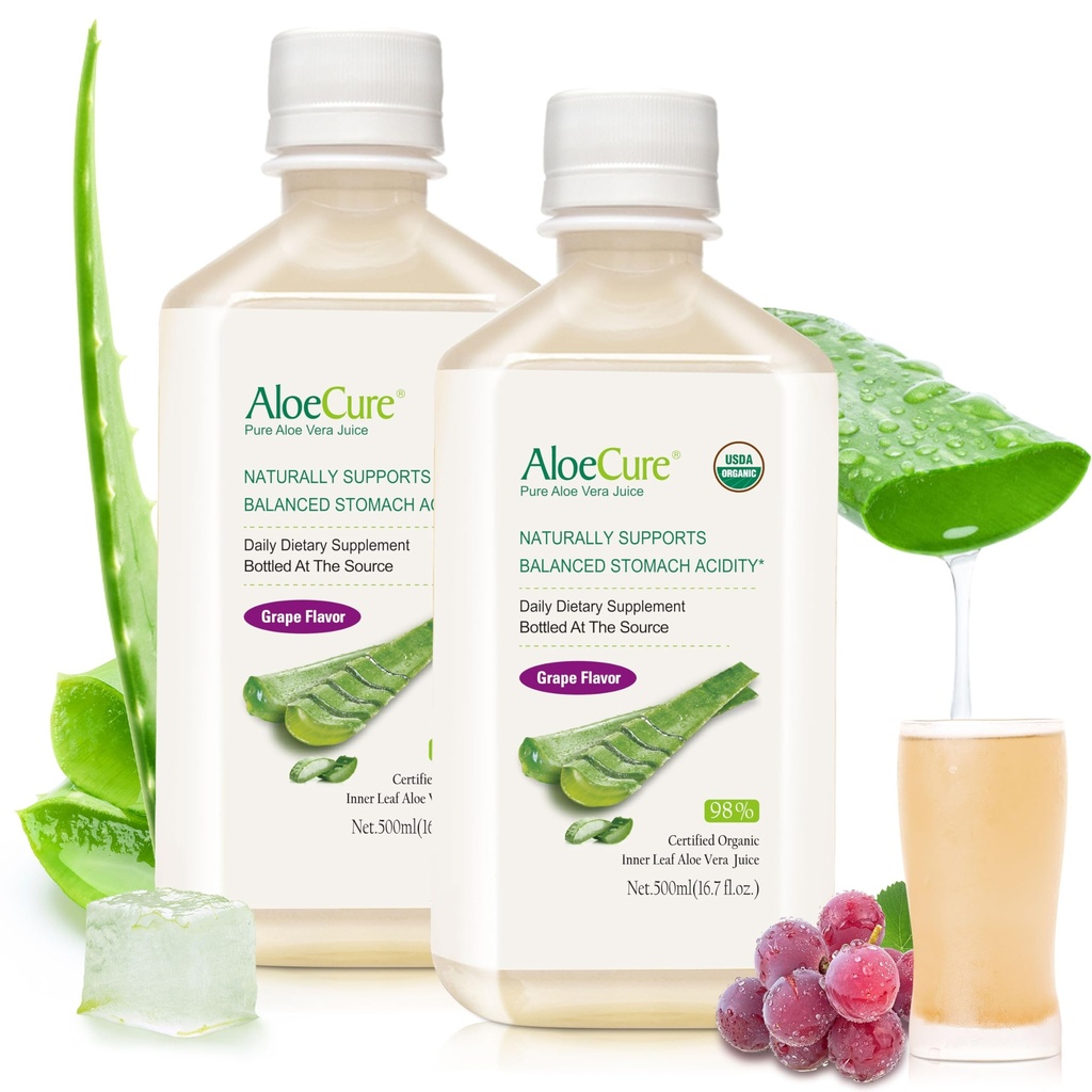 AloeCure USDA 有机Aloe Vera Juice Grap Flavor,在收获12小时内制作 - 纯Aloe Vera 消化和免疫健康补编,帮助保持平衡胃酸,16.7oz x 2 Btls