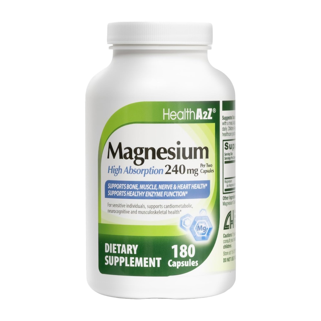 HealthA2Z® Magnesium Glycinate 240 mg - 180 Capsules, Supports Daytime Energy, Nighttime Restful Sleep, Stress Relief, Mood Balance, Bone & Muscle Health, and Natural Beauty - High Absorption Formula