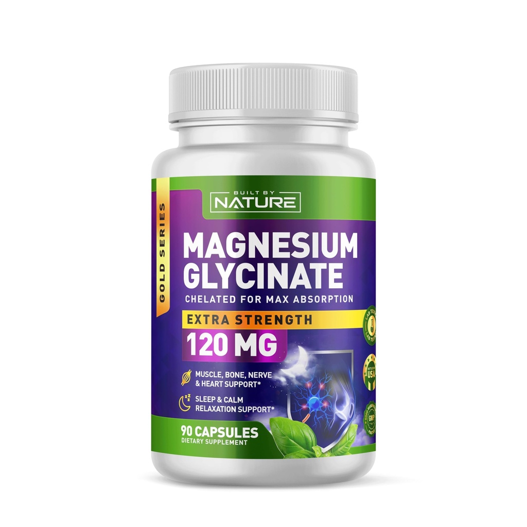 Built By Nature Magnesium Glycinate - Chelated for High Absorption – Supplement to Support Sleep, Muscle, Heart & Nerve Health - 120 mg Magnesium per Serving/Capsule - 90 Capsules