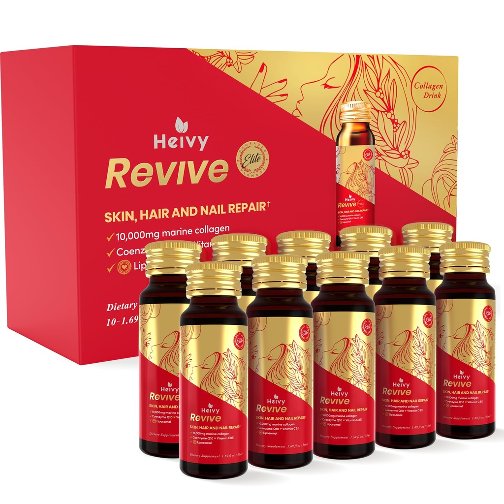 Heivy Marine Liquid Collagen for Women 10000mg, 133% Higher Absorption, CoQ10 Biotin Vitamins, USA GMP, 3rd Party Tested, Non-GMO Gluten Free, 50mL 10 Bottles