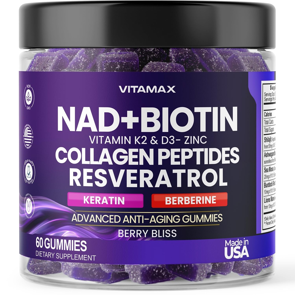 NAD+, Resveratrol, Berberine, & Biotin Anti-Aging Gummy - Hair, Skin, Nails & Joint Supplement - Collagen Peptides, Keratin, Zinc, Vitamin K2 & D3 Gummies -Regeneration- Non-GMO - Made in USA 60 Count