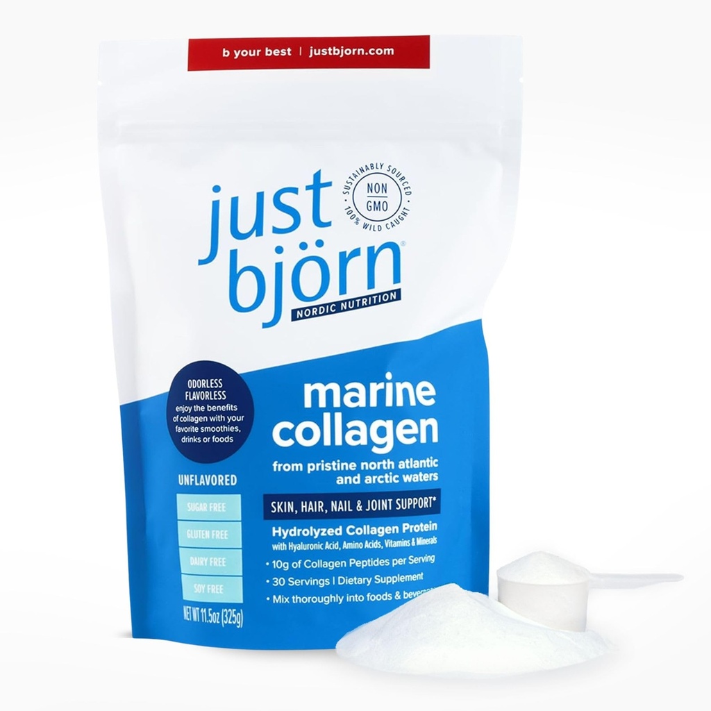 Just Bjorn Marine Collagen Peptides Powder for Women & Men - Skin, Hair, Nail and Joint Support - Hyaluronic Acid, Vitamin C, Amino Acids - Unflavored (30 Servings / 11.5 Ounce)