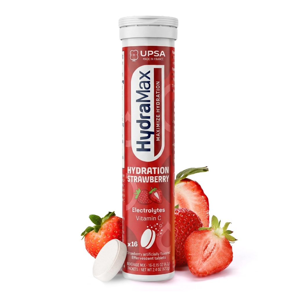 Upsa HydraMax Daily Electrolyte Hydration Tablets – Natural Strawberry Effervescent Hydrating Supplement with 4 Essential Electrolyte & Vitamin C Daily Hydration Mix Support for Fluid Balance 16 Count