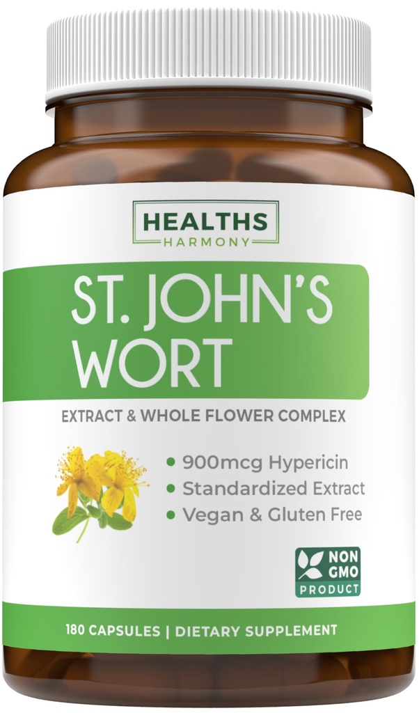 St John's Wort Capsules - 威力和Potent 圣约翰 Wort 提取和全草综合体 标准化为900mcg Hypericin 用于平衡每日Mood支持 - Vegan Non-GMO & Lab 验证(180 Caps)