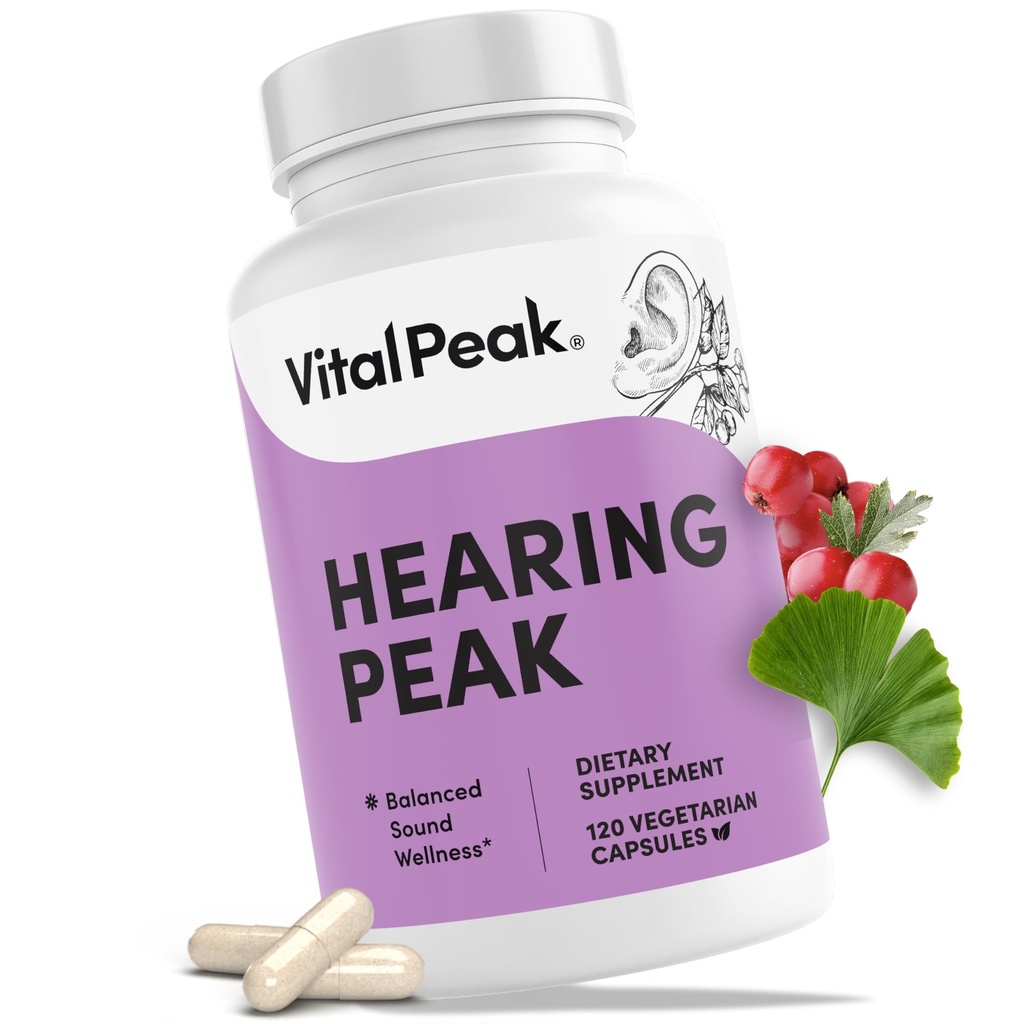 Vital Peak® Hearing Peak - Tinnitus Supplements - Ear Health Supplements for Ringing Ears with Magnesium, Ginkgo Biloba, Green Tea Extract, Niacin, Acetyl L-Carnitine Vegan Gluten Free - 120 Capsules