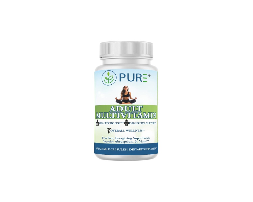 PURE® Adult Multivitamin Iron Free - 90 Vegetable Capsules, 30 Servings - High Potency Daily Wellness with Energizing Superfoods, B12 & Zinc - Digestive Enzymes for Superior Absorption - Made in USA