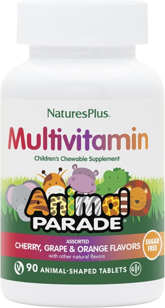 Natures Plus Animal Parade Sugar-Free Children's Multivitamin - Assorted Cherry, Grape & Orange Flavors - 90 Chewable Tablets - 45 Total Servings