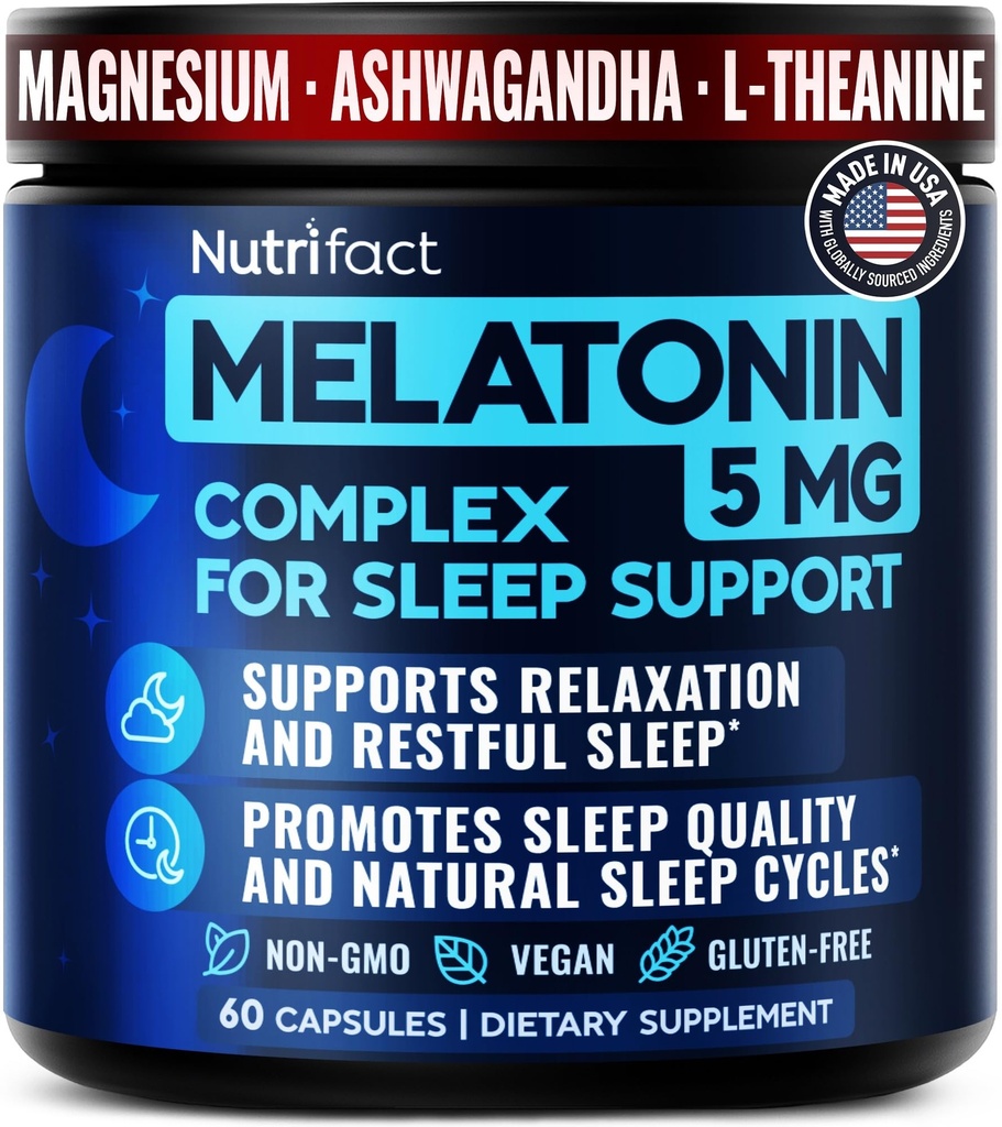 Melatonin 5mg Sleep Supplement Complex - Made in USA, Vegan, Non-GMO, Non-Habit Forming Deep Sleep Supplements - With Magnesium Glycinate, Ashwagandha, L-Theanine, Valerian Root - 60 Capsules