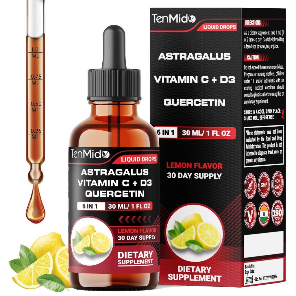 6-in-1 Astragalus Root Tincture - Herbal Extract Supplements with Quercetin, Rhodiola Rosea, Vitamin D3, Vitamin C, and Zinc - Vegan, Non-GMO - 30ml 1 Fl Oz