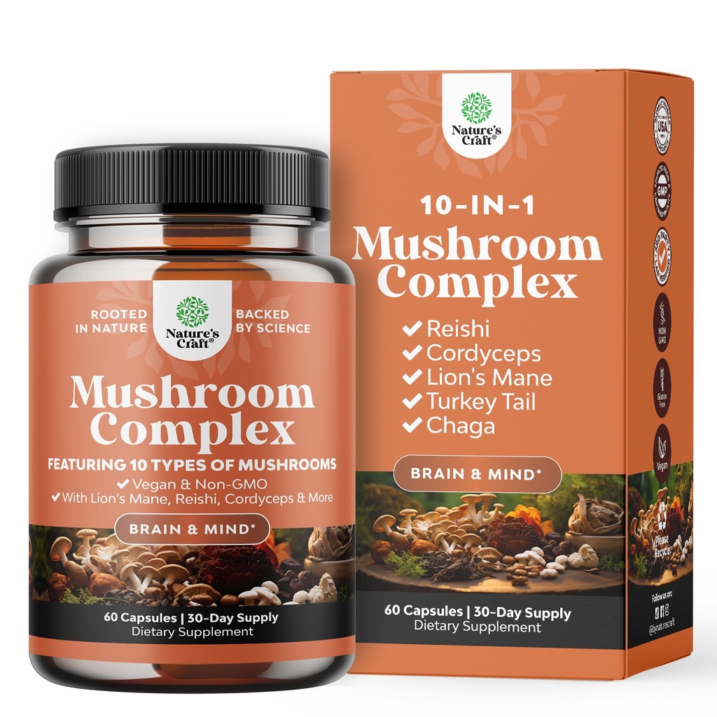 高级蘑菇综合症 Capsules - 10X Lions Mane Capsules with Reishi, Chaga, Maitake & Shiitake for Brain Health Memory Support and Focus - 神经性精神清晰症 - 60 Caps