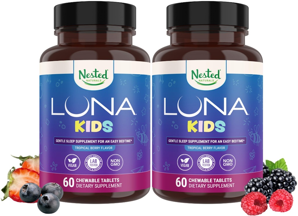 Nested Naturals Luna儿童睡眠辅助药片 4+ - 自然来源的成份 - Gentle, 配有Chamomile, Melatonin, Valerian & Lemon Balm的草药补充药片 - 120 配有可嚼药片