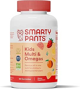 SmartyPants Kids 多维特敏类:Omega 3鱼油(EPA/DHA),维生素D3,C,维生素B12,B6,A,K & Zinc for Immune Support, Biotin, Gluten Free, Three Flavors, 90 Counter (22天供应)