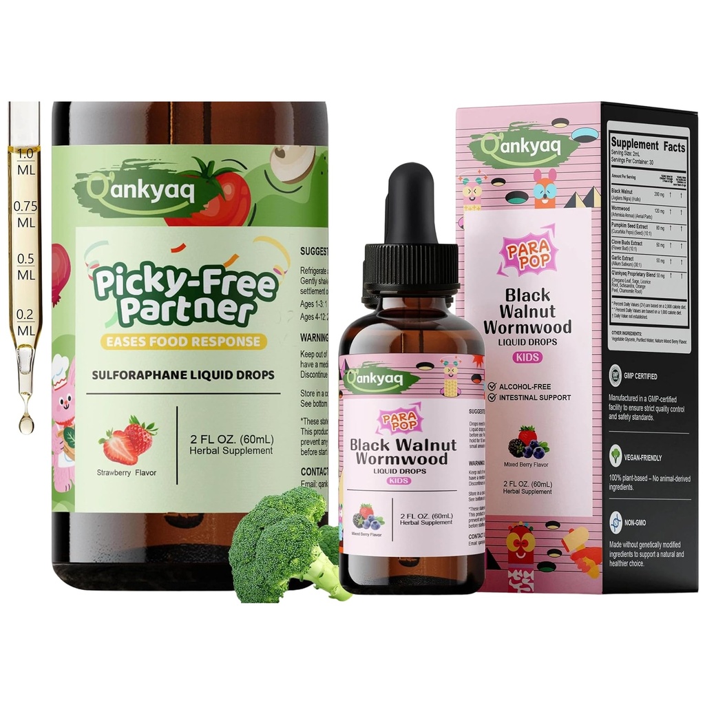 Q'ankyaq Sulforaphane Supplement for Children, Black Walnut Wormwood Liquid for Kids, Appetite Booster, & Vegetable Nutrition Gap, Gut Cleanse for Children Drops
