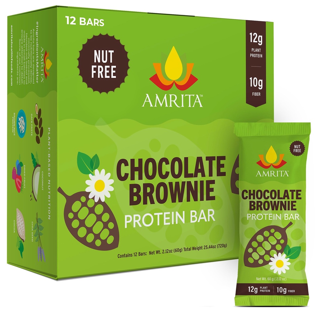 Amrita Nut Free Chocolate Brownie Vegan Protein Bars (12 Count) | 12g Plant-Based Protein Bar | Peanut Free, Gluten Free, and Dairy Free | Low Sugar, High Fiber, Healthy School-Safe Snacks