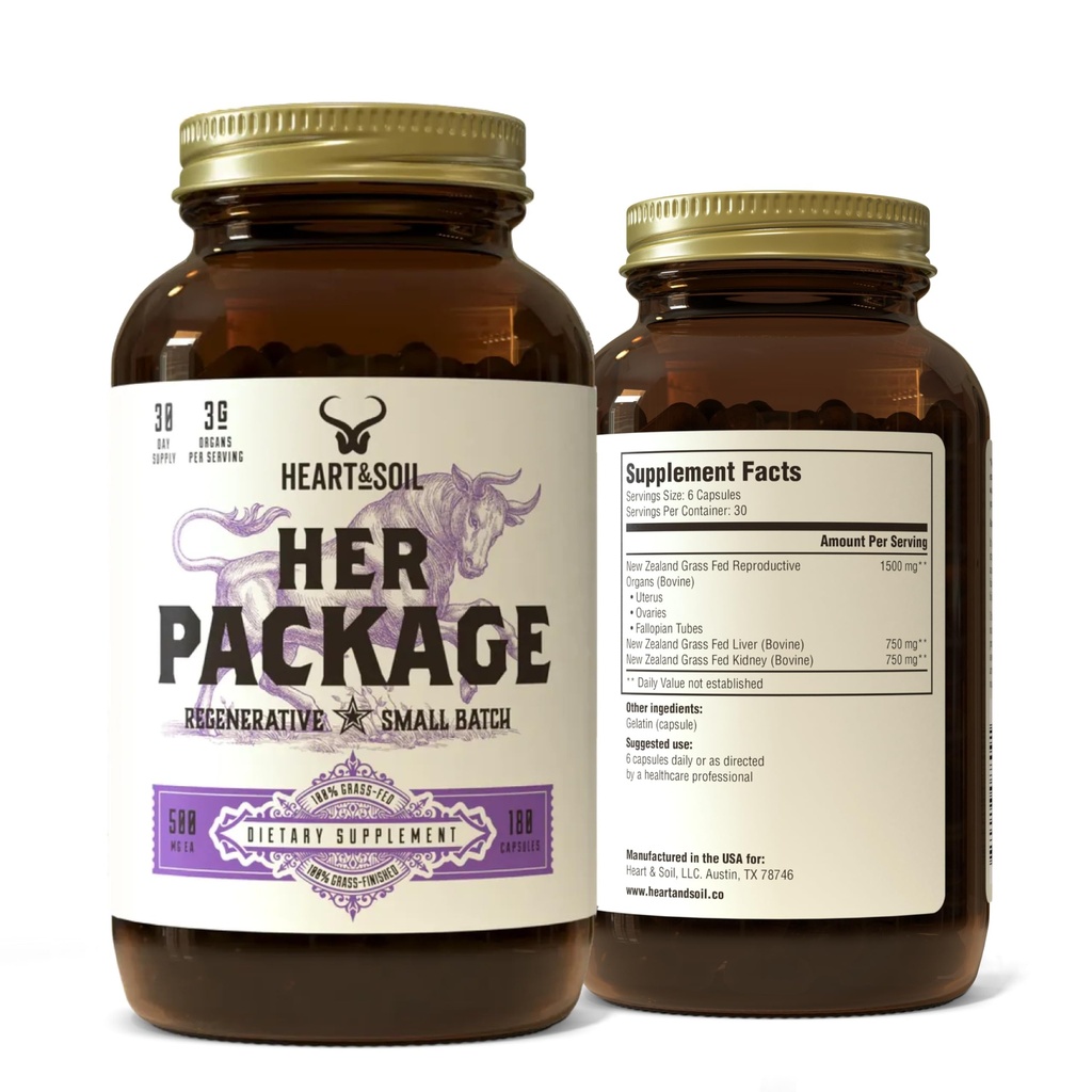 HEART & SOIL – Her Package – 100% Grass Fed & Finished Ovary, Uterus, Liver, & Kidney – Helps Maintain Hormone Balance & Reproductive Wellness - Menstrual & Menopause Support – 180 Capsules