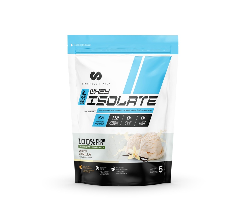 Limitless Pharma Pure Whey Isolate | High Protein Whey Isolate Protein Powder | 27g Protein, 6g BCAAs, Sugar Free, Gluten Free, Low Carb, Low Lactose | 74 Servings, 5LB (Vanilla)
