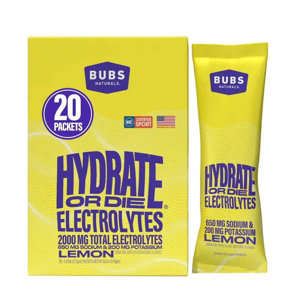 BUBS Naturals - Hydrate or Die Electrolytes Powder Packets for Fast Absorption | Premium 2000mg Electrolyte Powder | for Sports, Recovery & Well-Being (Natural Lemon Flavor, 20 Sticks)