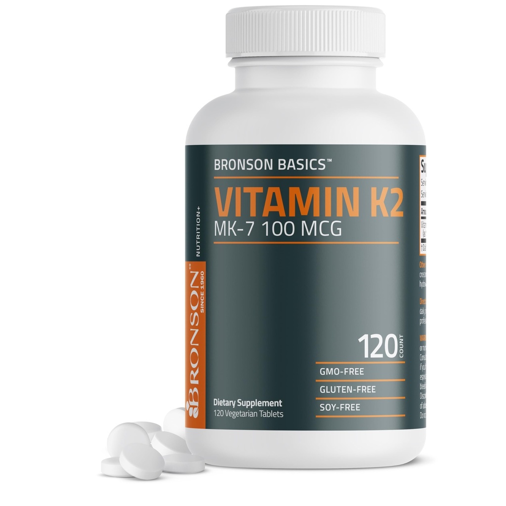 Bronson Vitamin K2 MK-7 100 MCG,K2为MK7 Menaquinone,Bone支持非GMO,120平板电脑