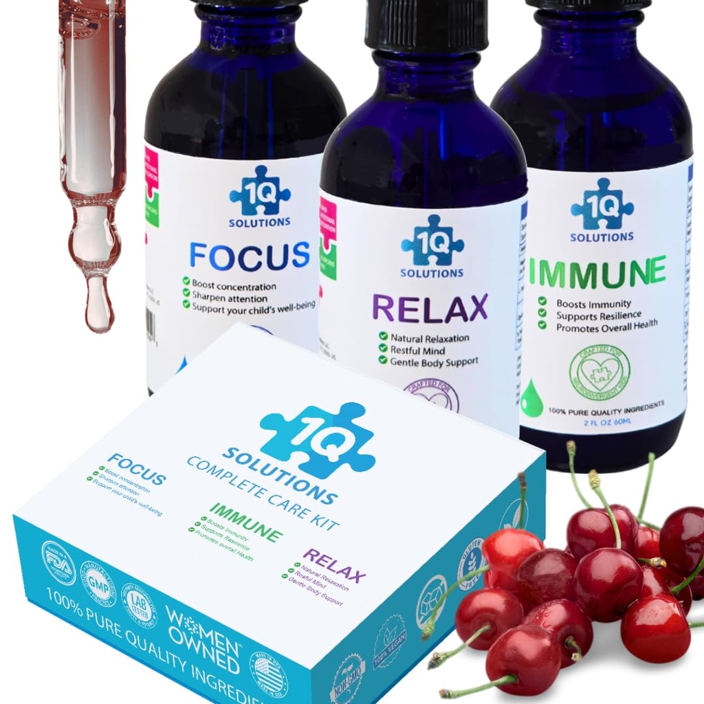 1Q Kids’ All-in-One Health Kit | Focus, Better Sleep & Mood, and Immune Support| 3 Liquid Supplements| 100% Natural, Sugar-Free, Vegan, Gluten-Free, Non-GMO | Easy-to-Take| 3 x 2 fl oz Bottles