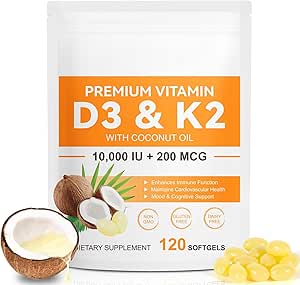 120 软胶 维生素 D3 K2 1000IU 200MCG - 椰油 - 支持免疫,心脏健康 - 维持心血管健康 - 高级吸收 - 容易吞咽