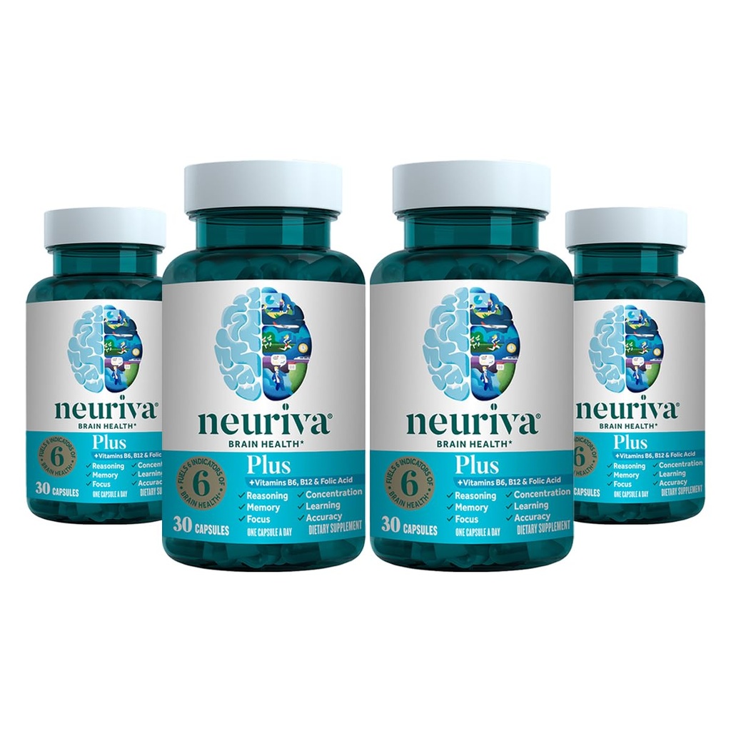 NEURIVA Plus Brain Supplement for Memory, Focus & Concentration + Cognitive Function with Clinically Tested Nootropics Phosphatidylserine and Neurofactor, VIT B6 & B12, 30 Count Capsules (4 Pack)