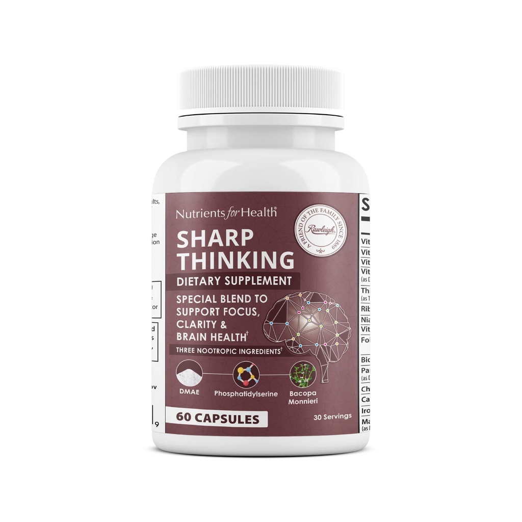Rawleigh Sharp Thinking: 60 Capsules, Focus, Clarity, 内存支持, 3 Nootropoctics, DMAE Bartrate, Bacopa Monnieri, Phosphatidylserine, DHA & Vitamins A, C, D, E, B-Complex