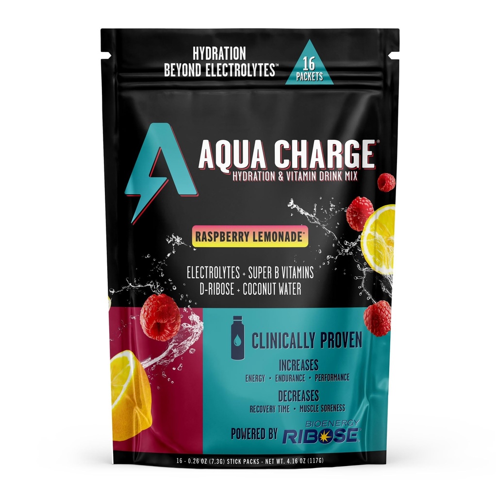 Grab The Gold Aqua Charge Electrolytes Drink Mix | Naturally Flavored Sugar-Free, Hydration Drinks with B Vitamins | Vegan, Gluten-Free, Non-GMO | Raspberry Lemonade - 16 Packs, Made in USA