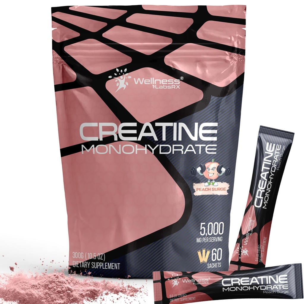 WELLNESS LABSRX Creatine Monohydrate Powder Sachets 300g – Peach Flavor Micronized Creatine Powder Supplement, Creatine for Women and Men, Supports Muscle Strength, Energy, Performance - 60 Servings