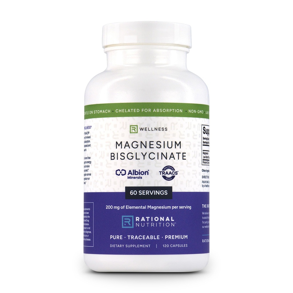 Magnesium Bisglycinate Chelate 200mg Elemental per Serving – Albion® TRAACS® Unbuffered Formula – Gentle on Stomach, High Absorption – 120 Capsules – Rational Nutrition