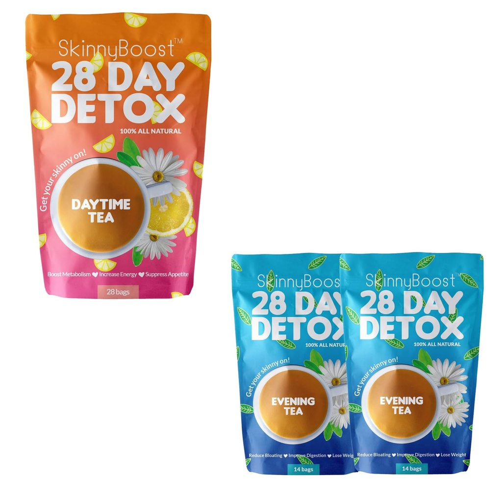 Skinny Boost Evening Tea (2 Pack) & 28-Day Daytime Tea | Supports Detox, Digestion & Metabolism | Citrus Mint Flavor | All Natural, Vegan, Non-GMO