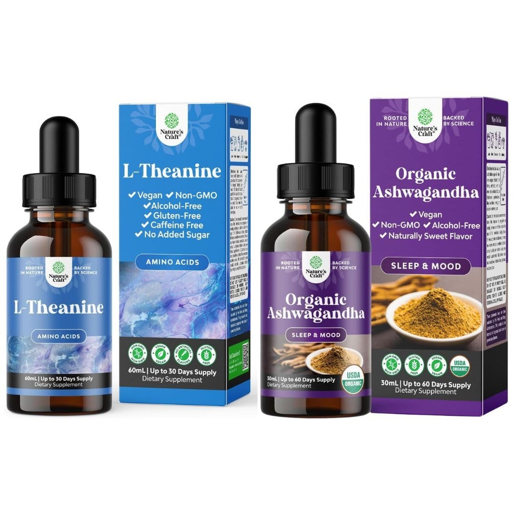 Bundle of High Absorption L-Theanine Liquid Drops with L Theanine 200mg Per Serving & Chamomile Extract and USDA Organic Ashwagandha Liquid Drops - Ashwagandha Root Extract for Stress and Mood Support